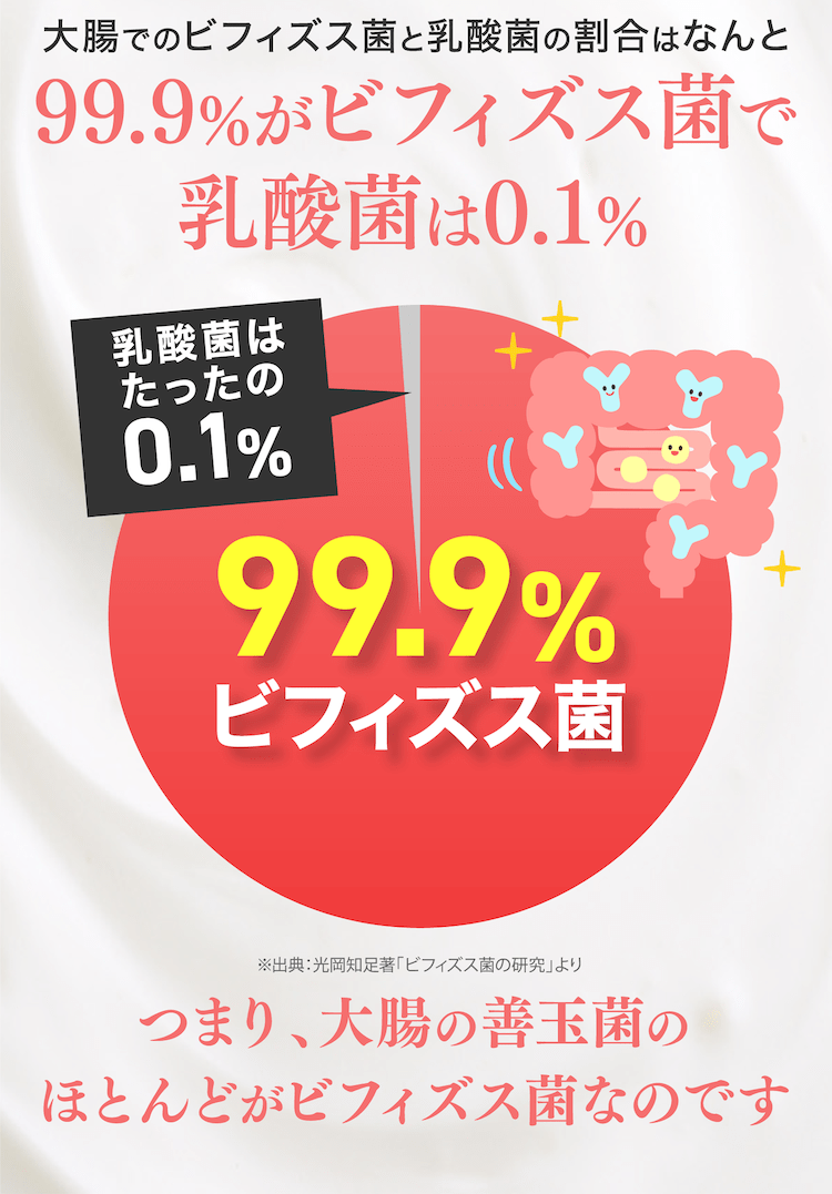 99.9%がビフィズス菌で乳酸菌は0.1%つまり、大腸の善玉菌はほとんどがビフィズス菌なのです